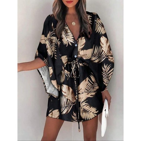 Wide sleeve button down cinched waist dress tropical leaf print tan navy blue - Picture 3 of 4